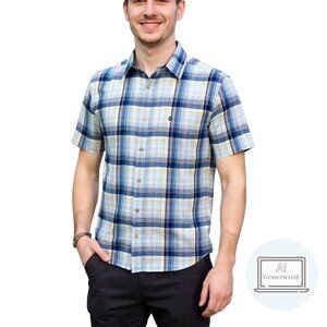 Marmot Mens Shirt Green Blue Short Sleeve Button Up Pocket Polyester Size L